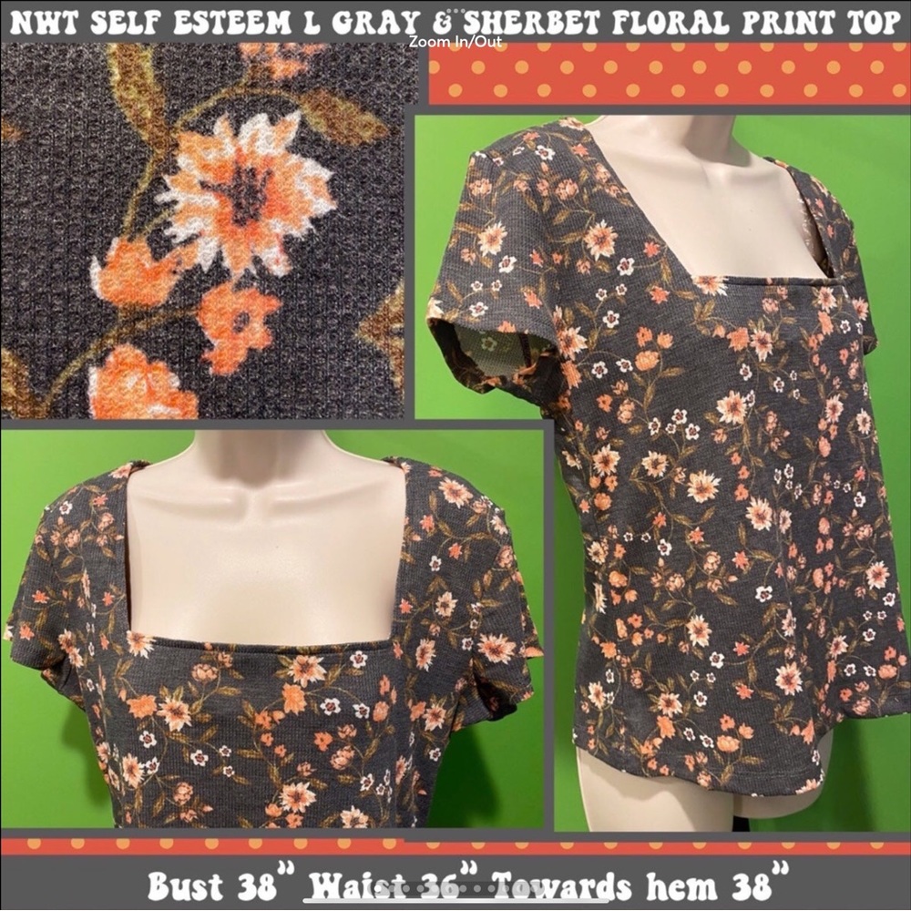 L NWT SELF ESTEEM SQUARE NECK TOP WAFFLE KNIT GRAY/ORANGE FLORAL